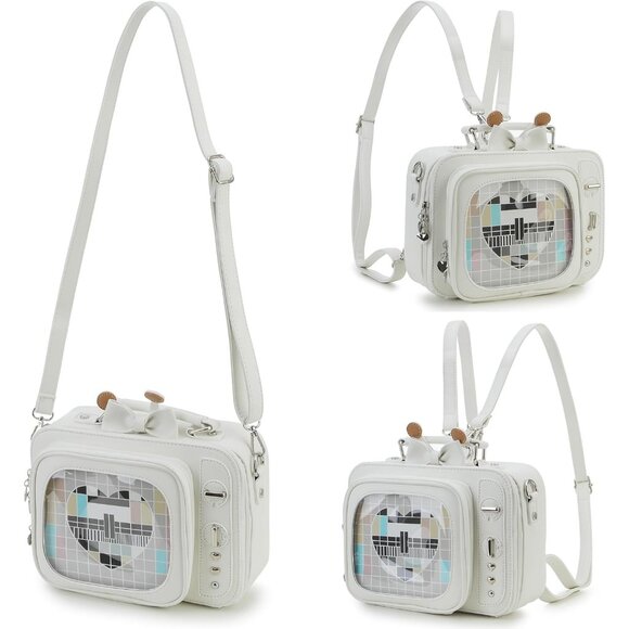 Retro TV Shaped Ita Backpack with Pin Display and Inserts White Crossbody Purse - Picture 6 of 9